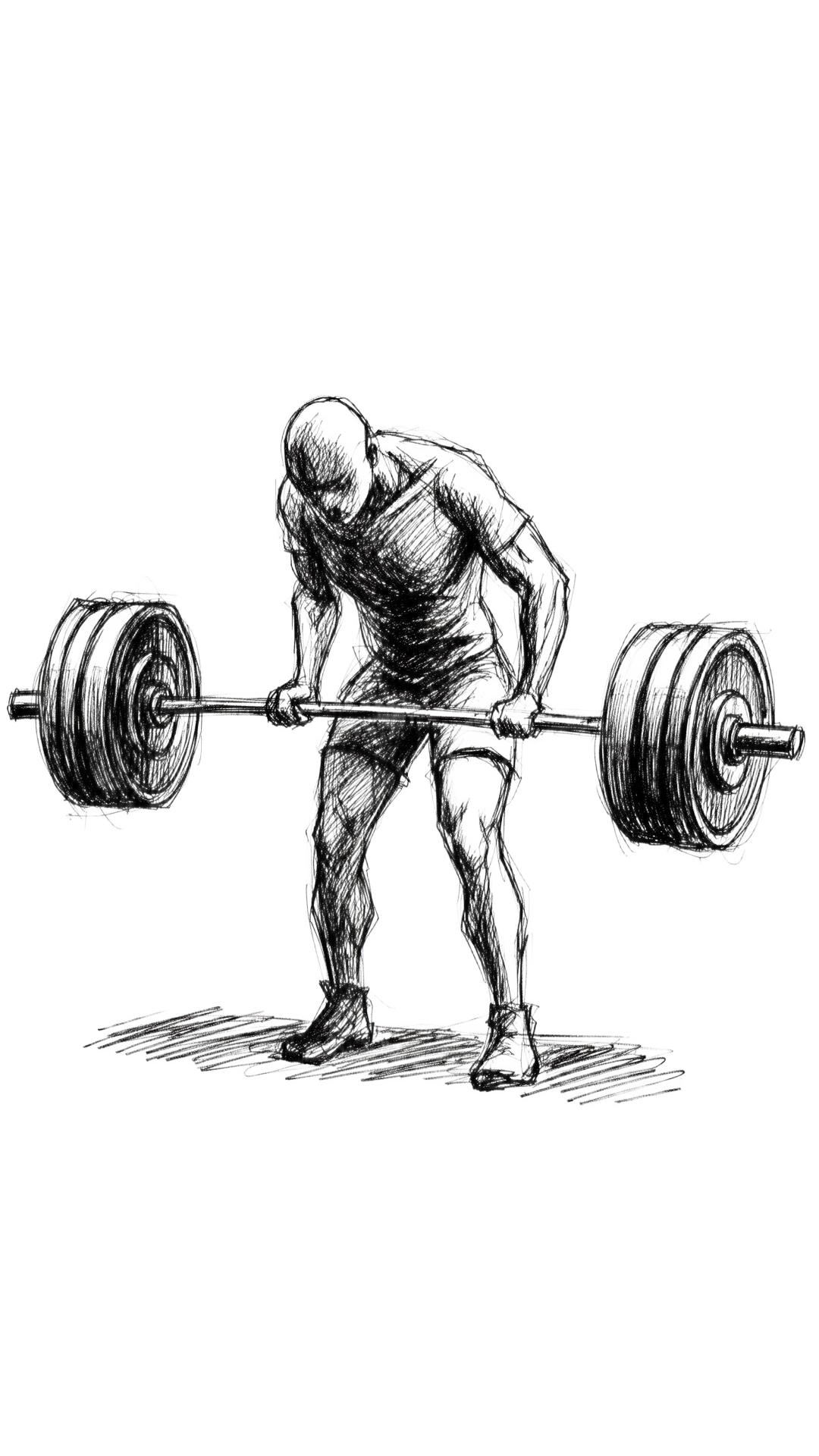 Hand-drawn ink sketch of a lifter pulling a heavy deadlift